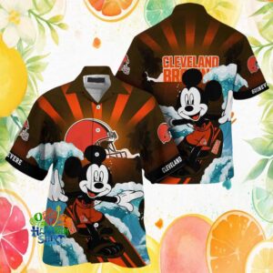 Mickey Mouse Surfing Cleveland Browns NFL Brown Sunset Hawaiian Shirt