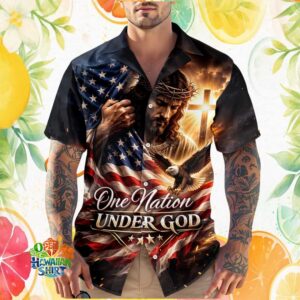 One Nation Under God Jesus and American Flag Patriotic Eagle Hawaiian Shirt