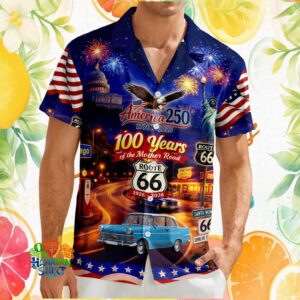 Patriotic Route 66 100 Years Anniversary Fireworks Night Sky Blue Hawaiian Shirt