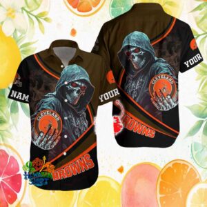 Personalizable Cleveland Browns Skull Reaper Hooded Graphic Hawaiian Shirt