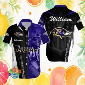 Personalized Baltimore Ravens Raven Mascot Hawaiian Shirt Custom Name Purple & Black NFL Hawaiian Shirt