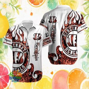 Personalized Cincinnati Bengals Flame Design Hawaiian Shirt White & Orange Custom Name NFL Hawaiian Shirt