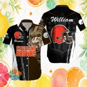 Personalized Cleveland Browns Bulldog Fan Hawaiian Shirt Custom Name NFL Mascot Graphic Hawaiian Shirt