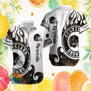 Personalized Cleveland Browns Flame Style Hawaiian Shirt White & Brown Custom Name NFL Hawaiian Shirt