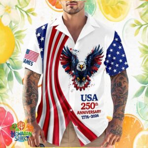 Personalized USA 250 Years of Freedom American Flag Eagle Button Down Hawaiian Shirt