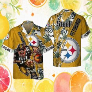 Pittsburgh S Hawaiian Shirtlers Aggressive Mascot Gold Tropical Hawaiian Shirt