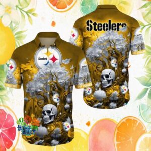 Pittsburgh S Hawaiian Shirtlers Golden Gothic Skull & Autumn Hawaiian Shirt