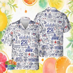 USA 250th Anniversary Landmark Doodle Art Hawaiian Shirt