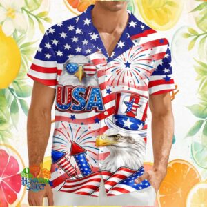 USA Patriotic Eagle with Sunglasses and Uncle Sam Hat Fireworks Hawaiian Shirt