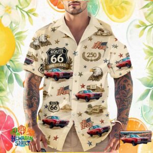 Vintage Route 66 Centennial Red Classic Car Patriotic Button Down Hawaiian Shirt